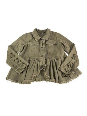Free People Willow Denim Peplum Jacket Womens Size M Olive Green Lace-Up Sleeves
